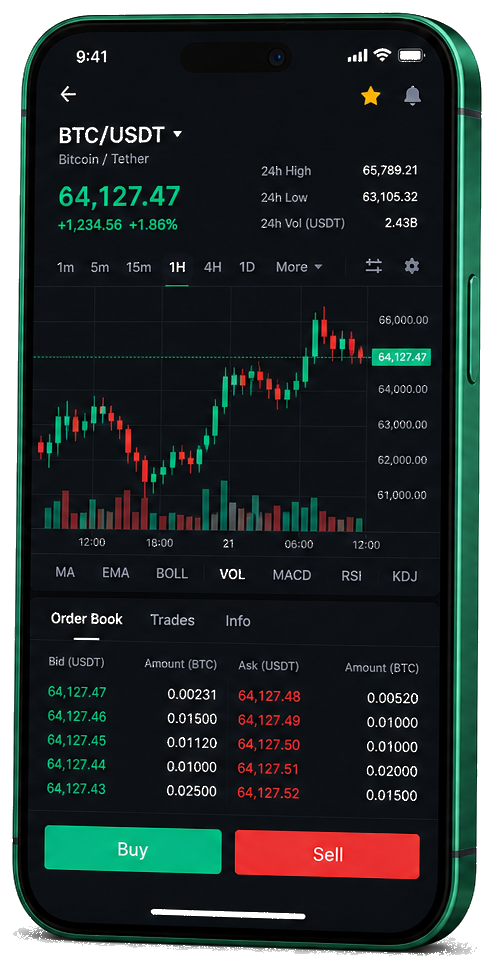 Application mobile de trading Obligòria — graphique BTC/USDT en direct, carnet d'ordres et interface de négociation